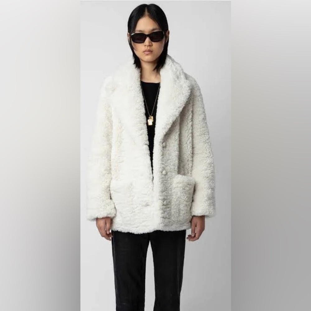 Zadig & Voltaire Fleur Soft Curly Faux Shearling Coat, White| Size L
